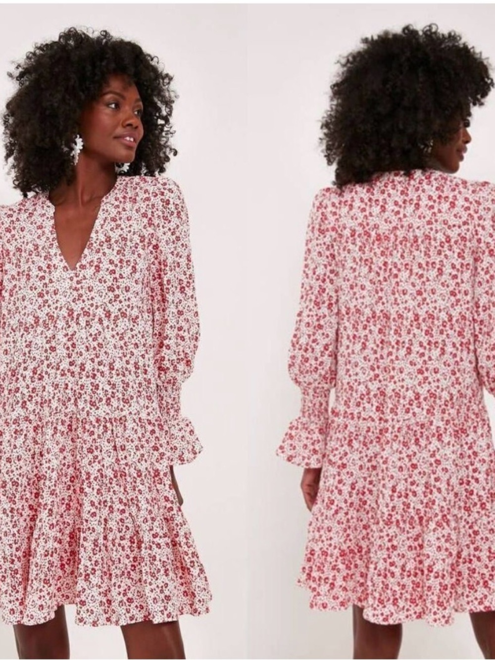 Pomander Place White and Red Floral Long-Sleeve Tiered Scarlet Ditzy Mini Dress